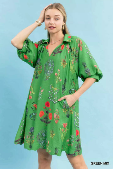 Umgee Floral Encyclopedia Print Mini Dress - Desert Sunday