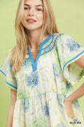 Umgee Floral Print Contrast Trim Tiered Babydoll Dress - Desert Sunday