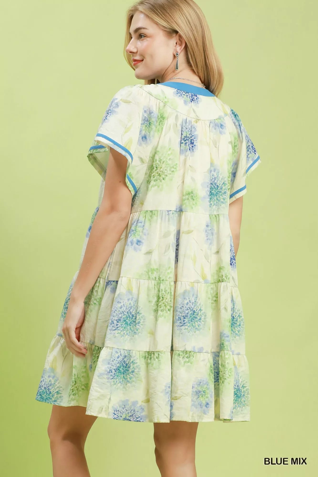 Umgee Floral Print Contrast Trim Tiered Babydoll Dress - Desert Sunday