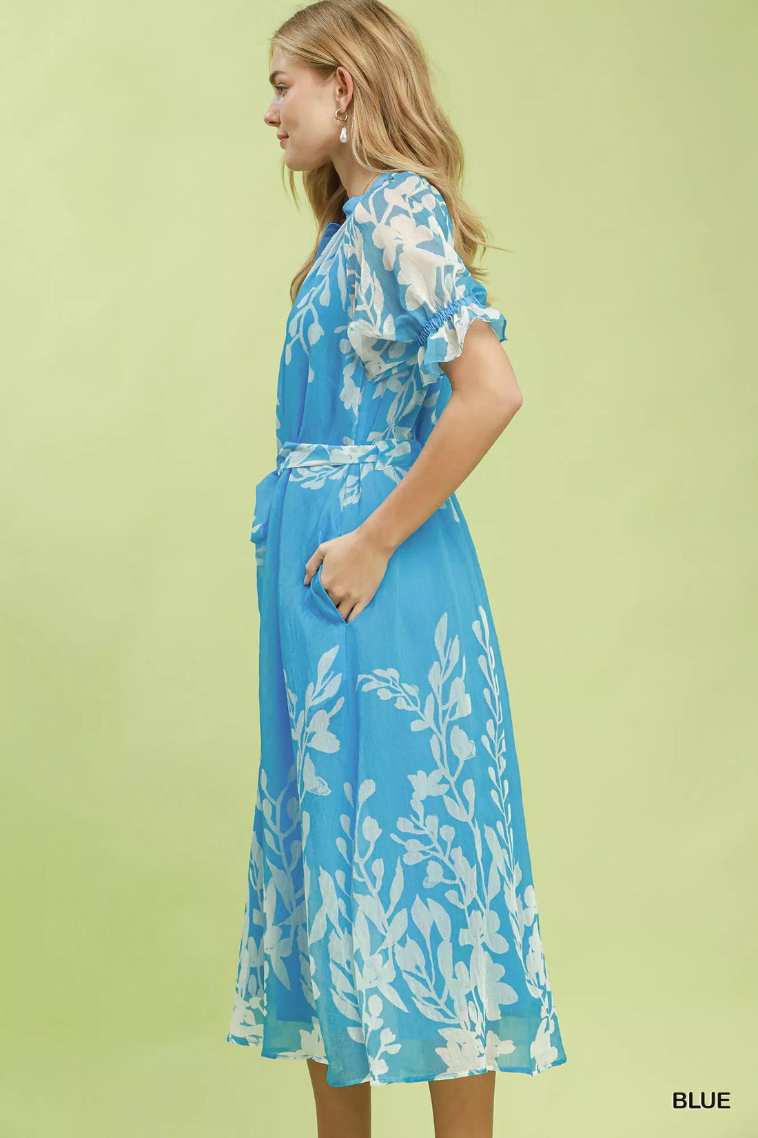 Umgee Floral Print Tie Waist Midi Dress with Side Pockets - Desert Sunday