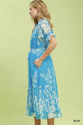 Umgee Floral Print Tie Waist Midi Dress with Side Pockets - Desert Sunday