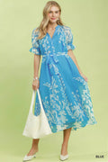Umgee Floral Print Tie Waist Midi Dress with Side Pockets - Desert Sunday