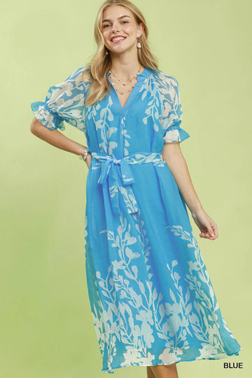 Umgee Floral Print Tie Waist Midi Dress with Side Pockets - Desert Sunday