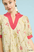 Umgee Floral Puff Sleeve Dress with Contrast Trim - Desert Sunday