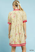 Umgee Floral Puff Sleeve Dress with Contrast Trim - Desert Sunday