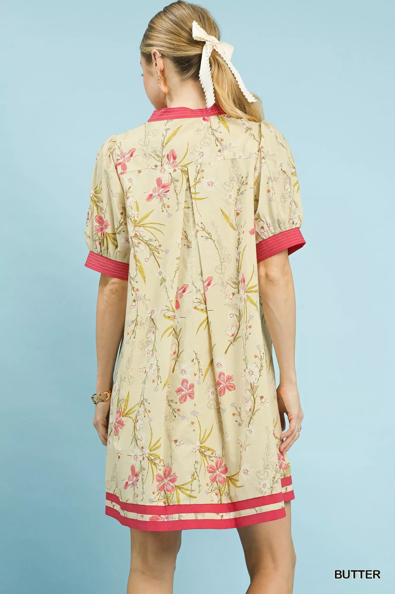 Umgee Floral Puff Sleeve Dress with Contrast Trim - Desert Sunday