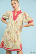 Umgee Floral Puff Sleeve Dress with Contrast Trim - Desert Sunday