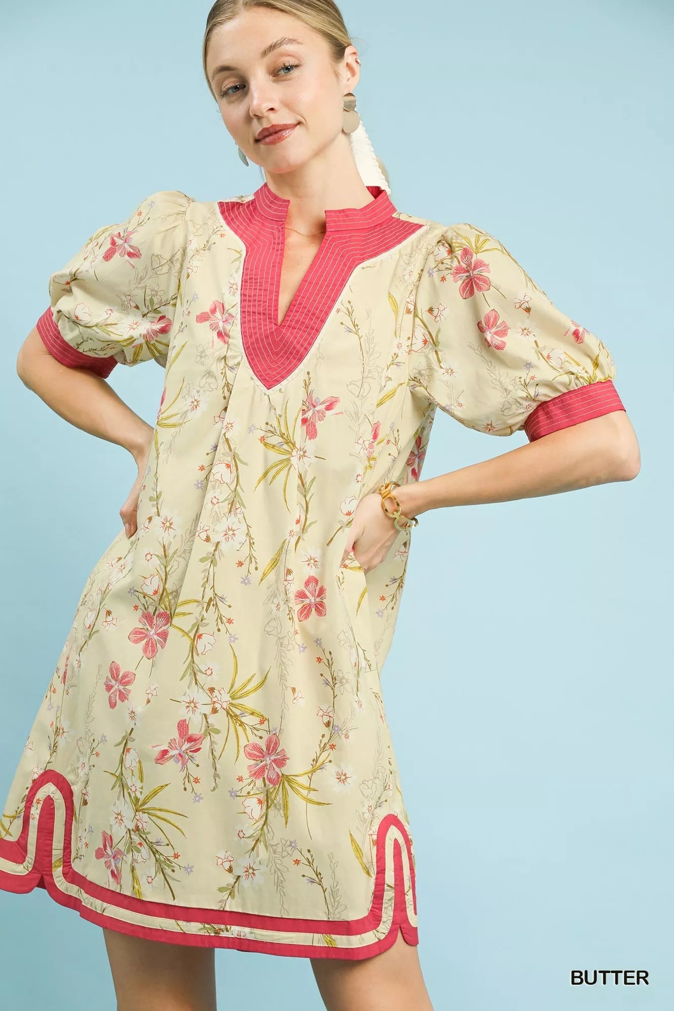 Umgee Floral Puff Sleeve Dress with Contrast Trim - Desert Sunday