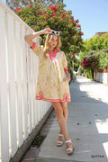 Umgee Floral Puff Sleeve Dress with Contrast Trim - Desert Sunday