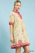 Umgee Floral Puff Sleeve Dress with Contrast Trim - Desert Sunday