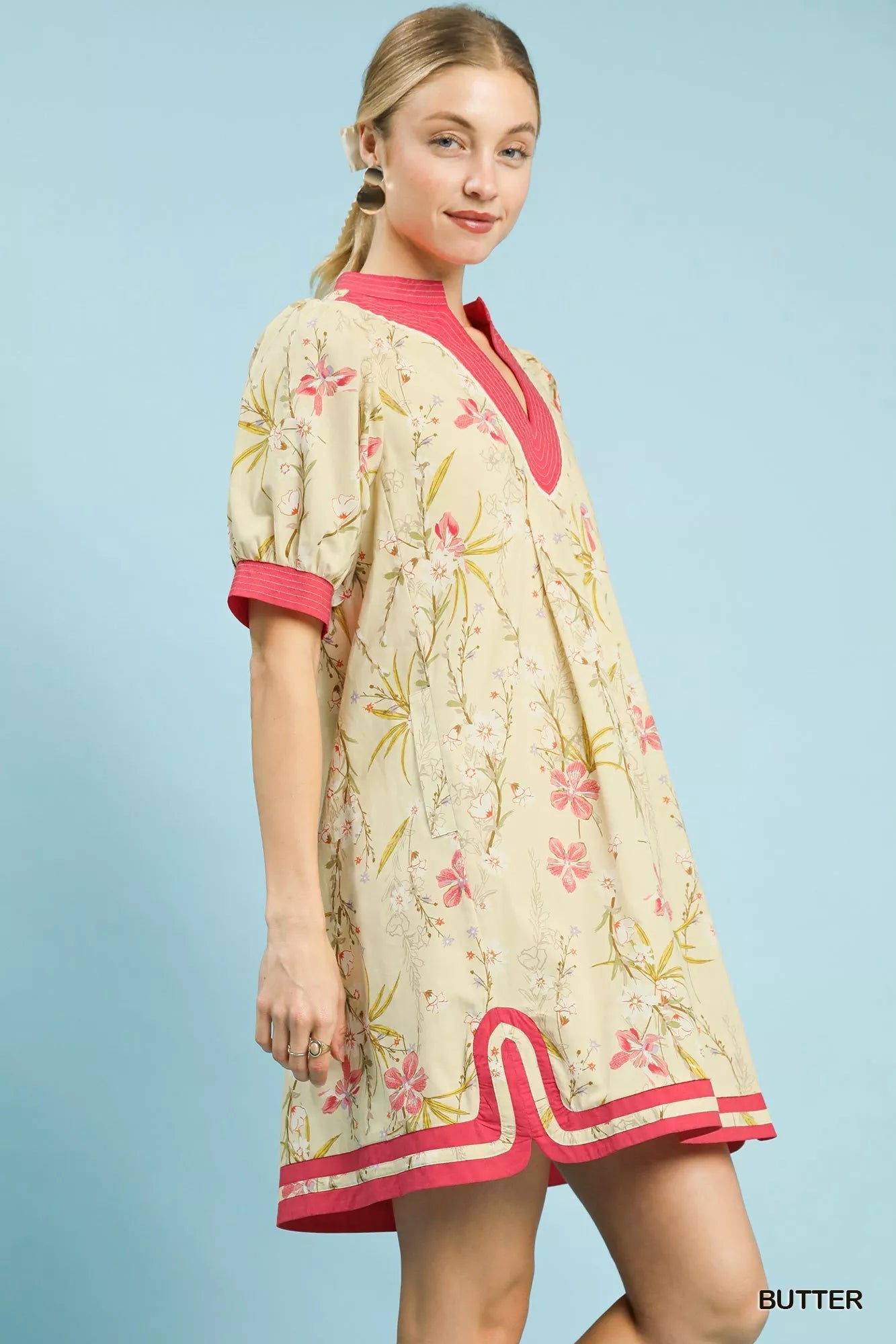 Umgee Floral Puff Sleeve Dress with Contrast Trim - Desert Sunday