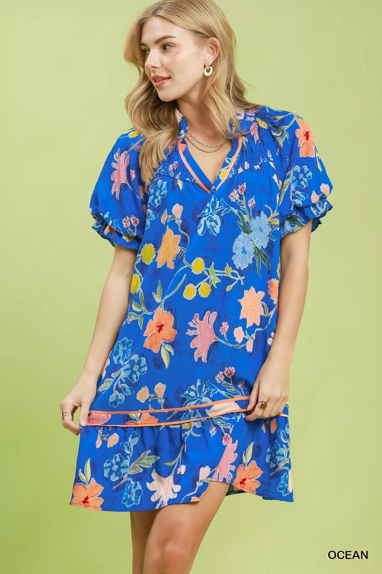 Umgee Floral Ruffle Hem Mini Dress - Desert Sunday