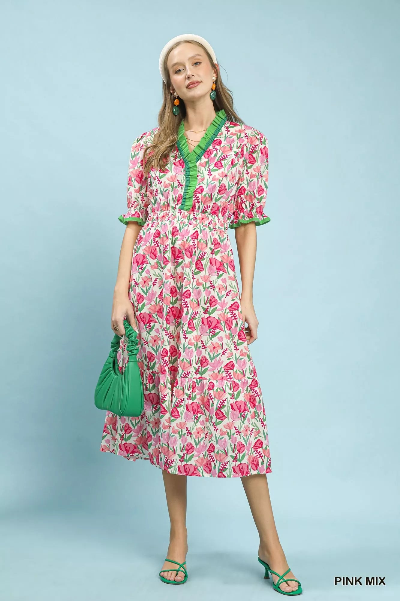 Umgee Floral Ruffle Trim Tiered Midi Dress - Desert Sunday