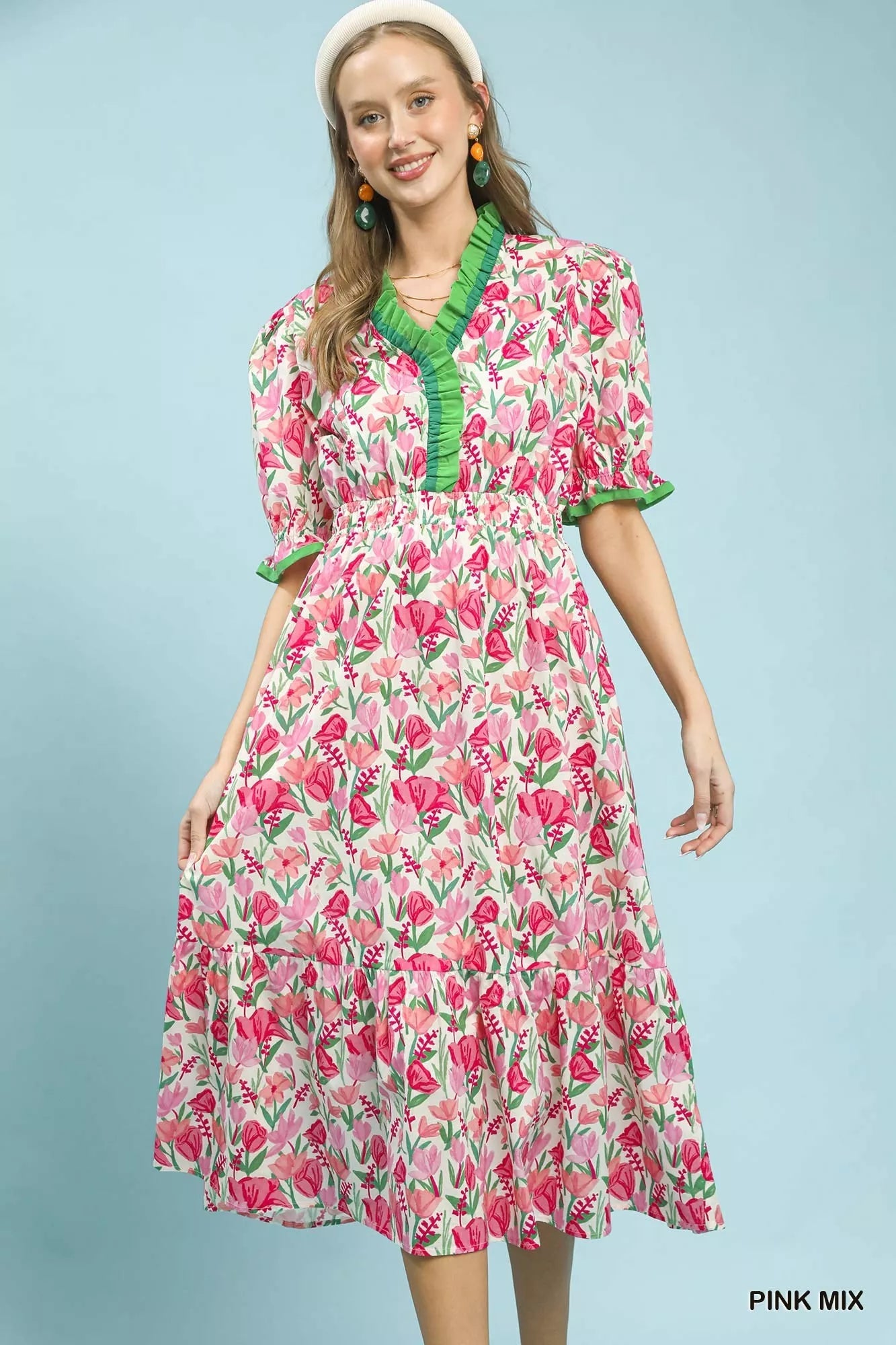 Umgee Floral Ruffle Trim Tiered Midi Dress - Desert Sunday