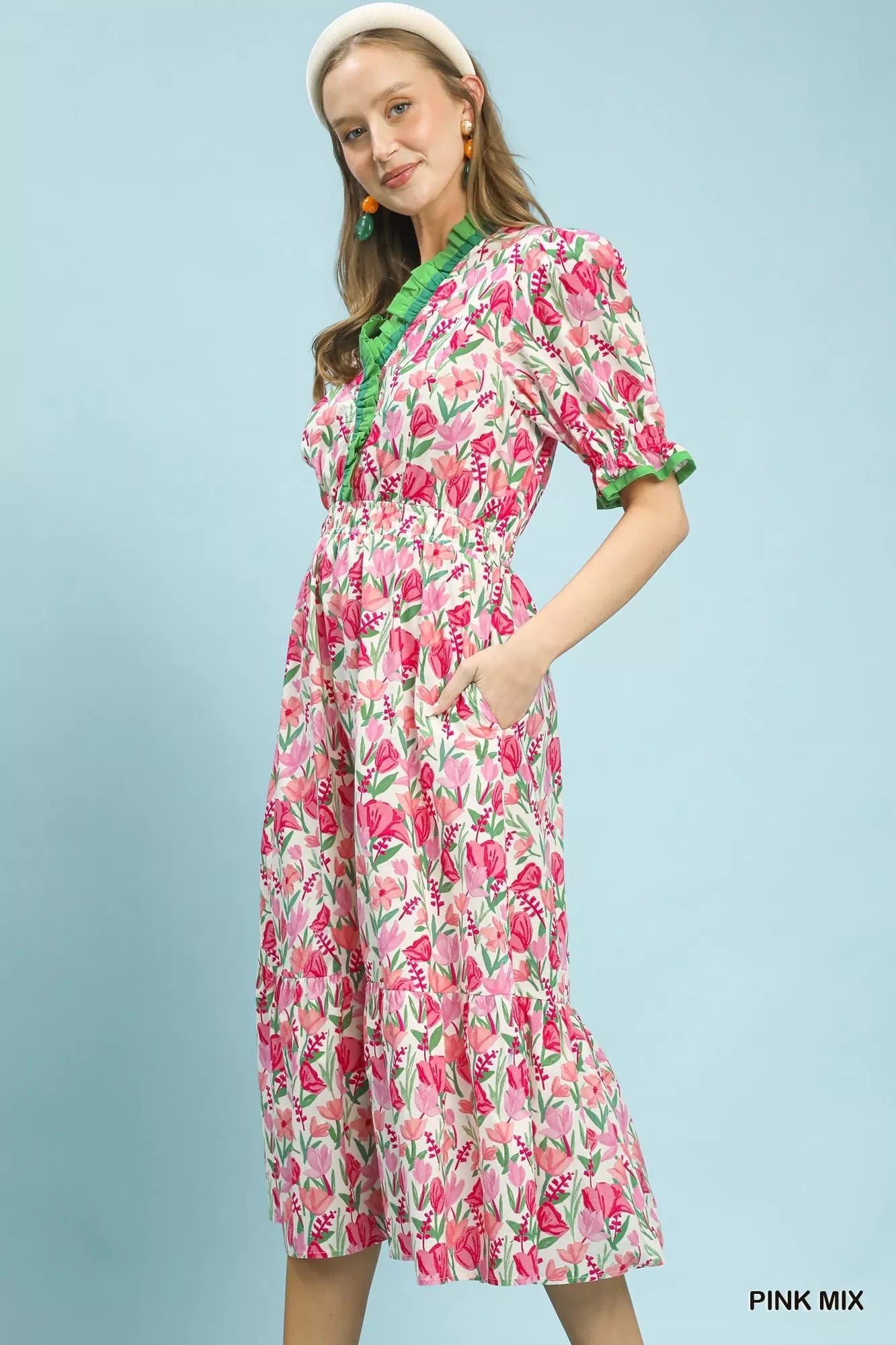 Umgee Floral Ruffle Trim Tiered Midi Dress - Desert Sunday