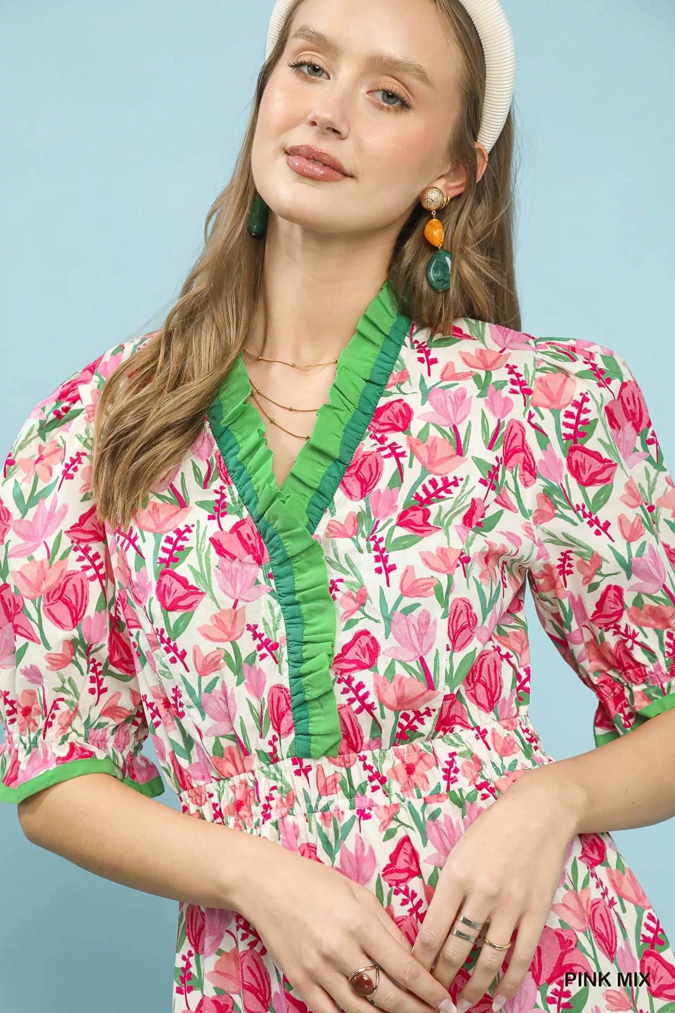Umgee Floral Ruffle Trim Tiered Midi Dress - Desert Sunday