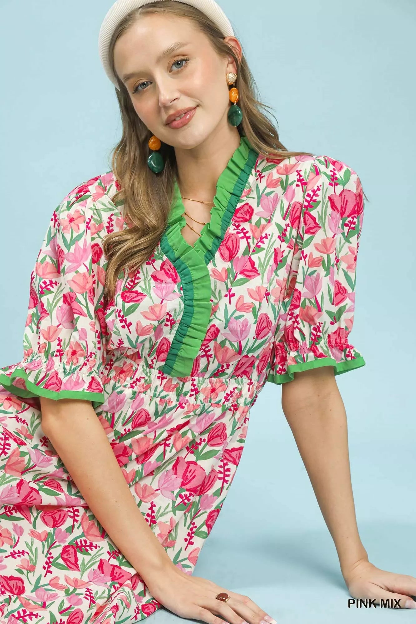 Umgee Floral Ruffle Trim Tiered Midi Dress - Desert Sunday