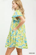 Umgee Leaf Print Flutter Sleeve Tiered Mini Dress - Desert Sunday