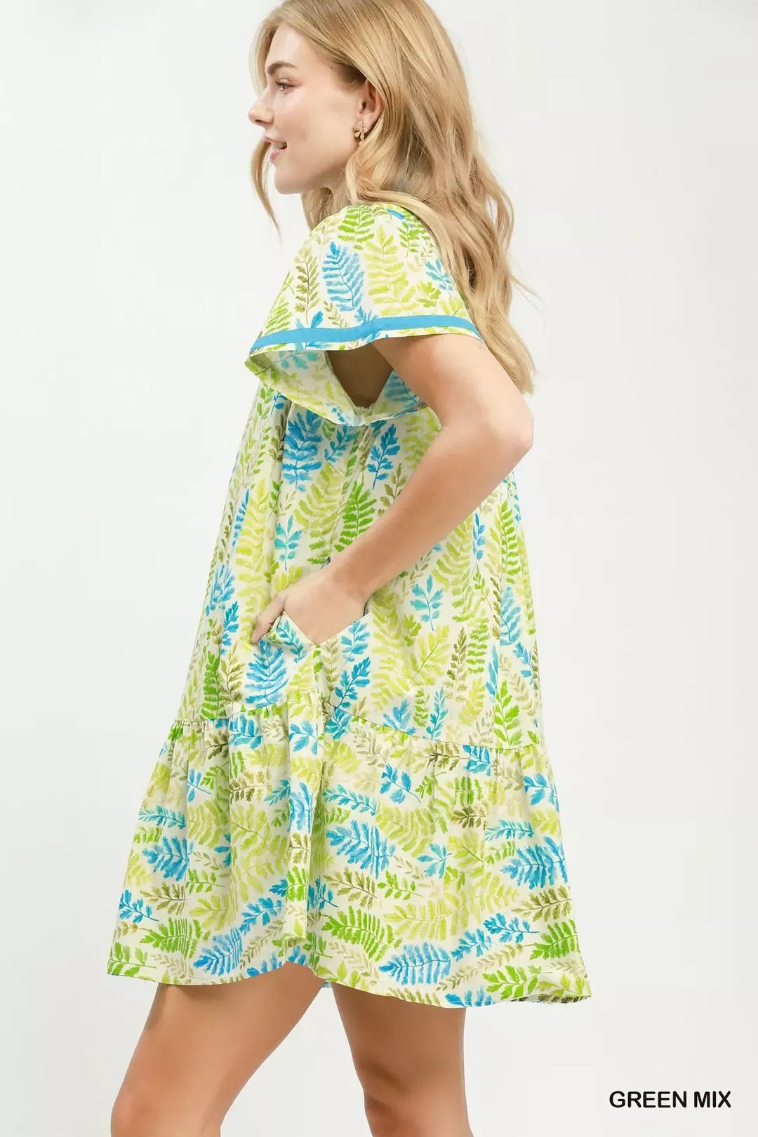 Umgee Leaf Print Flutter Sleeve Tiered Mini Dress - Desert Sunday