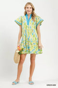 Umgee Leaf Print Flutter Sleeve Tiered Mini Dress - Desert Sunday