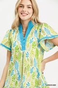 Umgee Leaf Print Flutter Sleeve Tiered Mini Dress - Desert Sunday