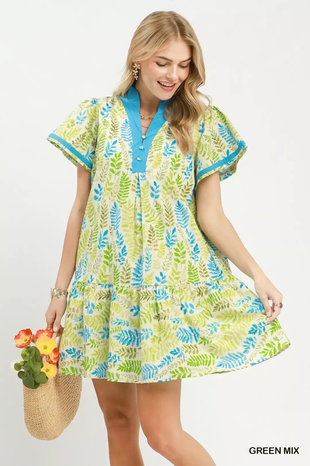 Umgee Leaf Print Flutter Sleeve Tiered Mini Dress - Desert Sunday