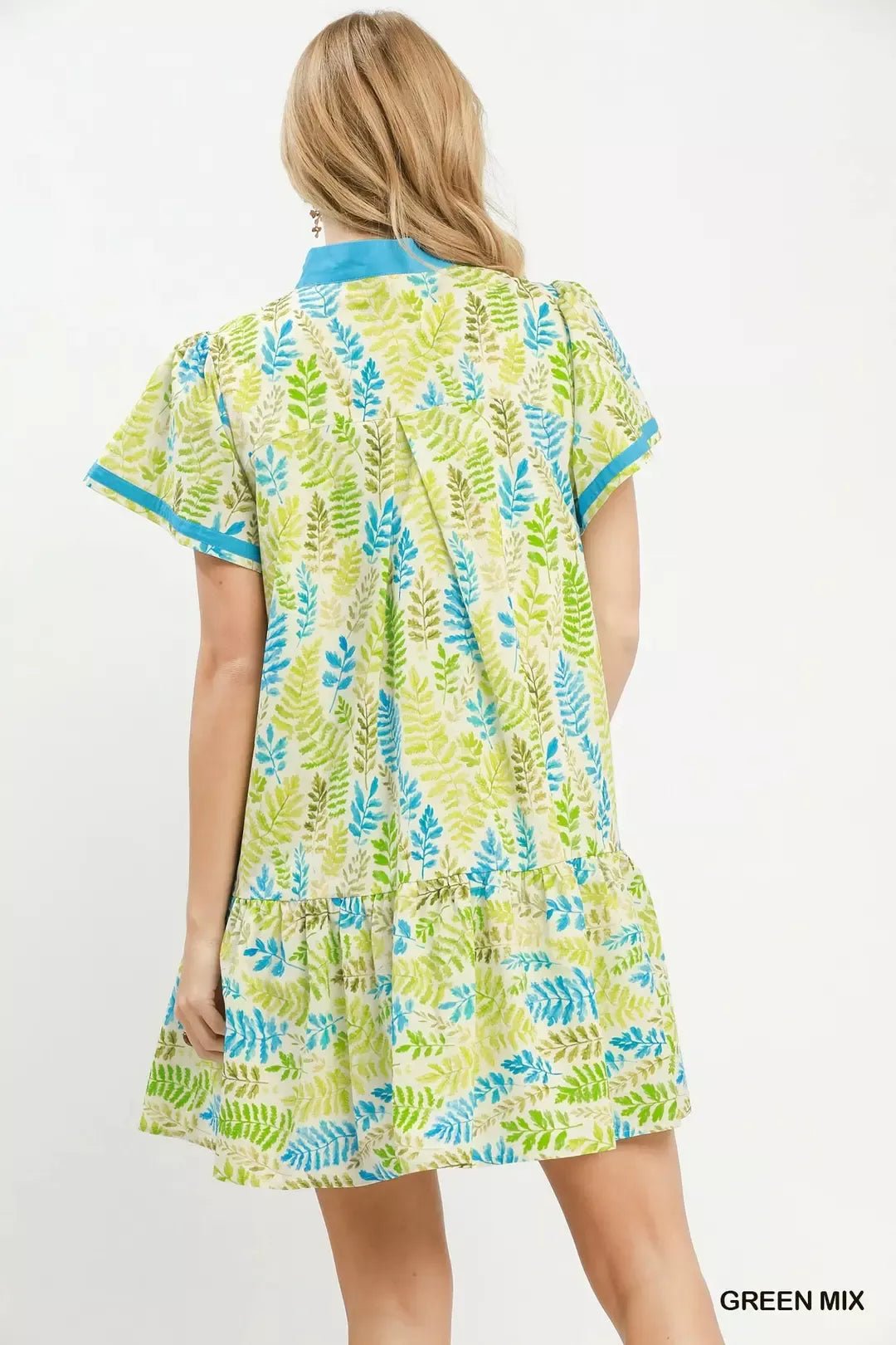 Umgee Leaf Print Flutter Sleeve Tiered Mini Dress - Desert Sunday