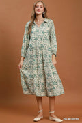 Umgee Linen Botanical Print Tiered Midi Dress - Desert Sunday