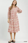 Umgee Linen Botanical Print Tiered Midi Dress - Desert Sunday