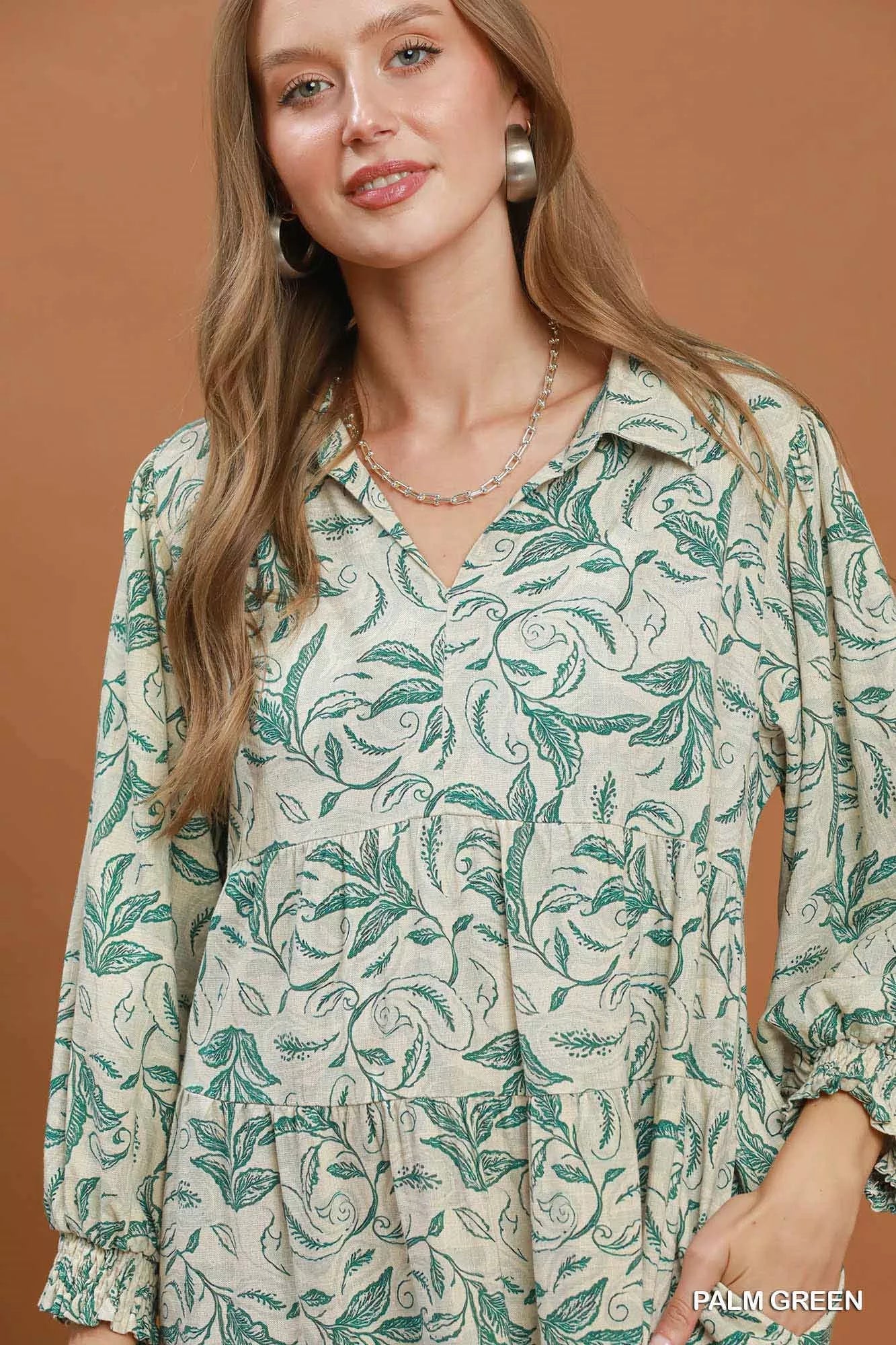 Umgee Linen Botanical Print Tiered Midi Dress - Desert Sunday