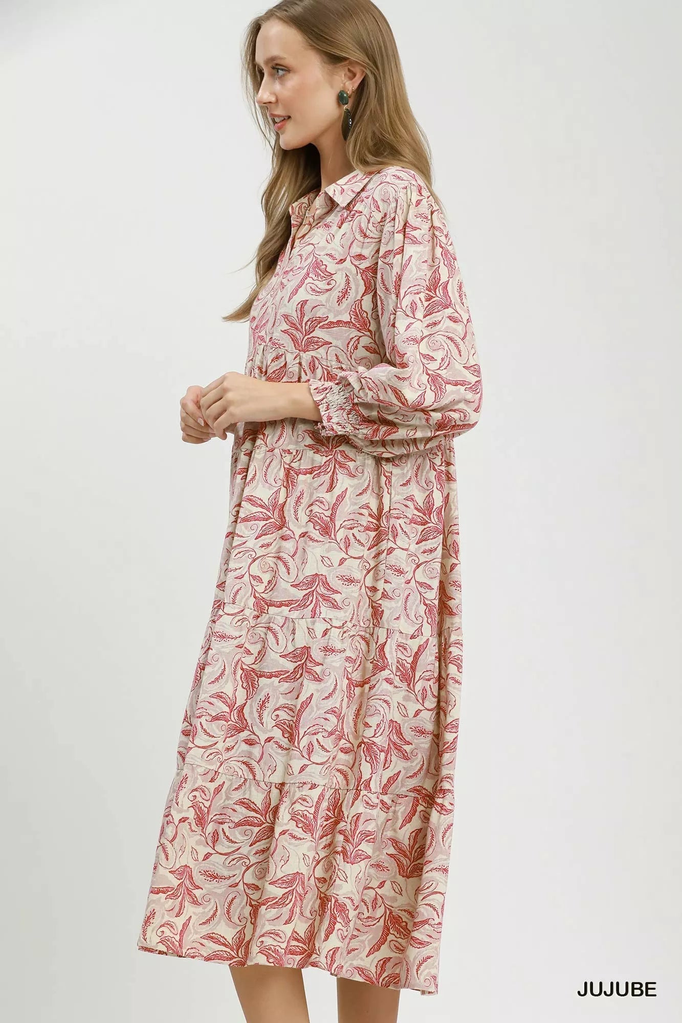 Umgee Linen Botanical Print Tiered Midi Dress - Desert Sunday