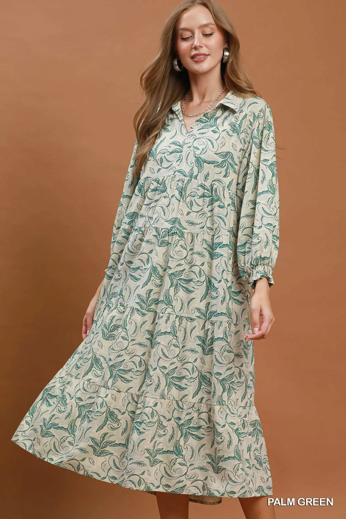 Umgee Linen Botanical Print Tiered Midi Dress - Desert Sunday