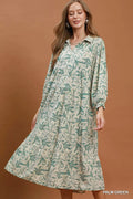 Umgee Linen Botanical Print Tiered Midi Dress - Desert Sunday