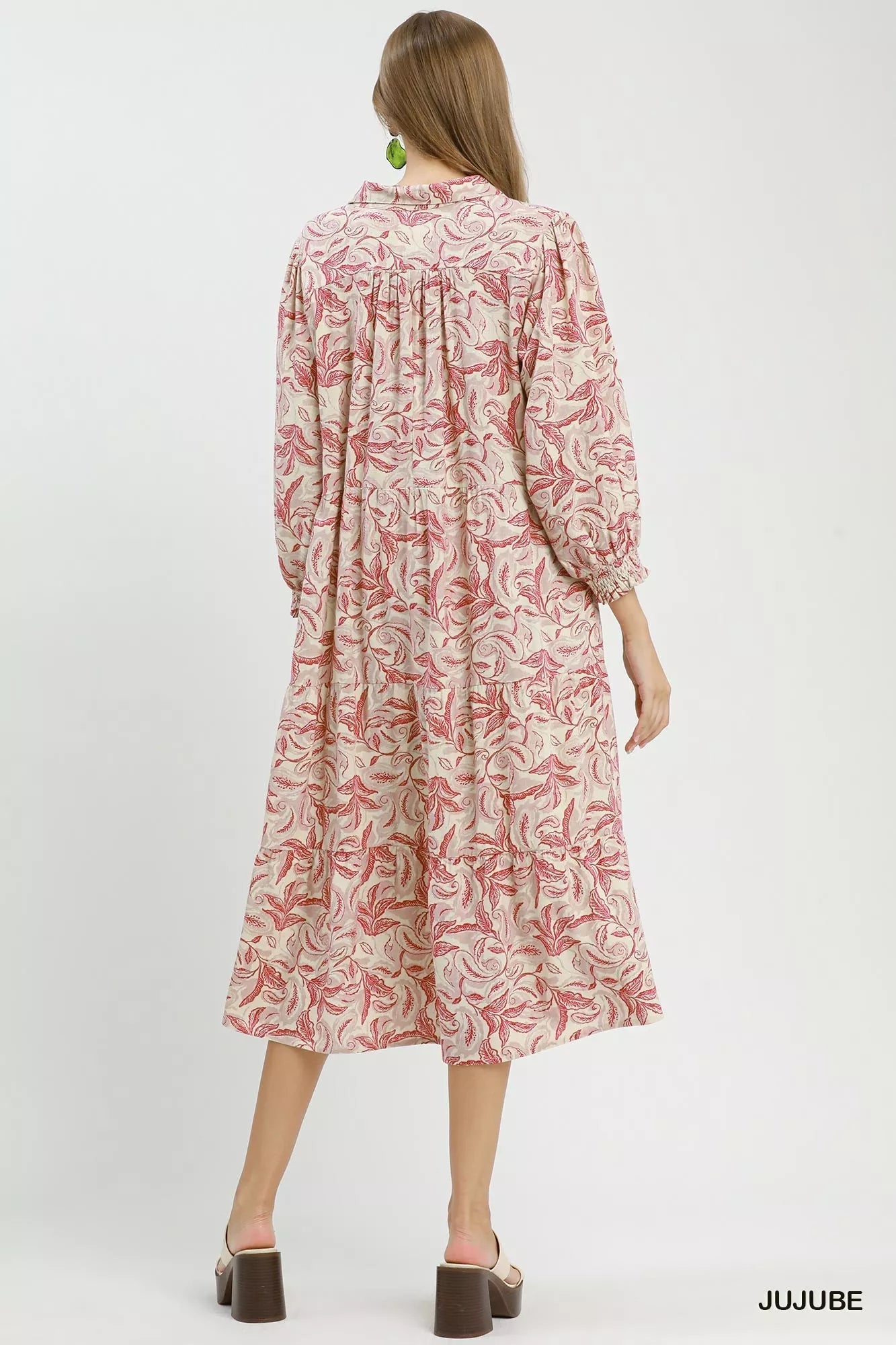 Umgee Linen Botanical Print Tiered Midi Dress - Desert Sunday
