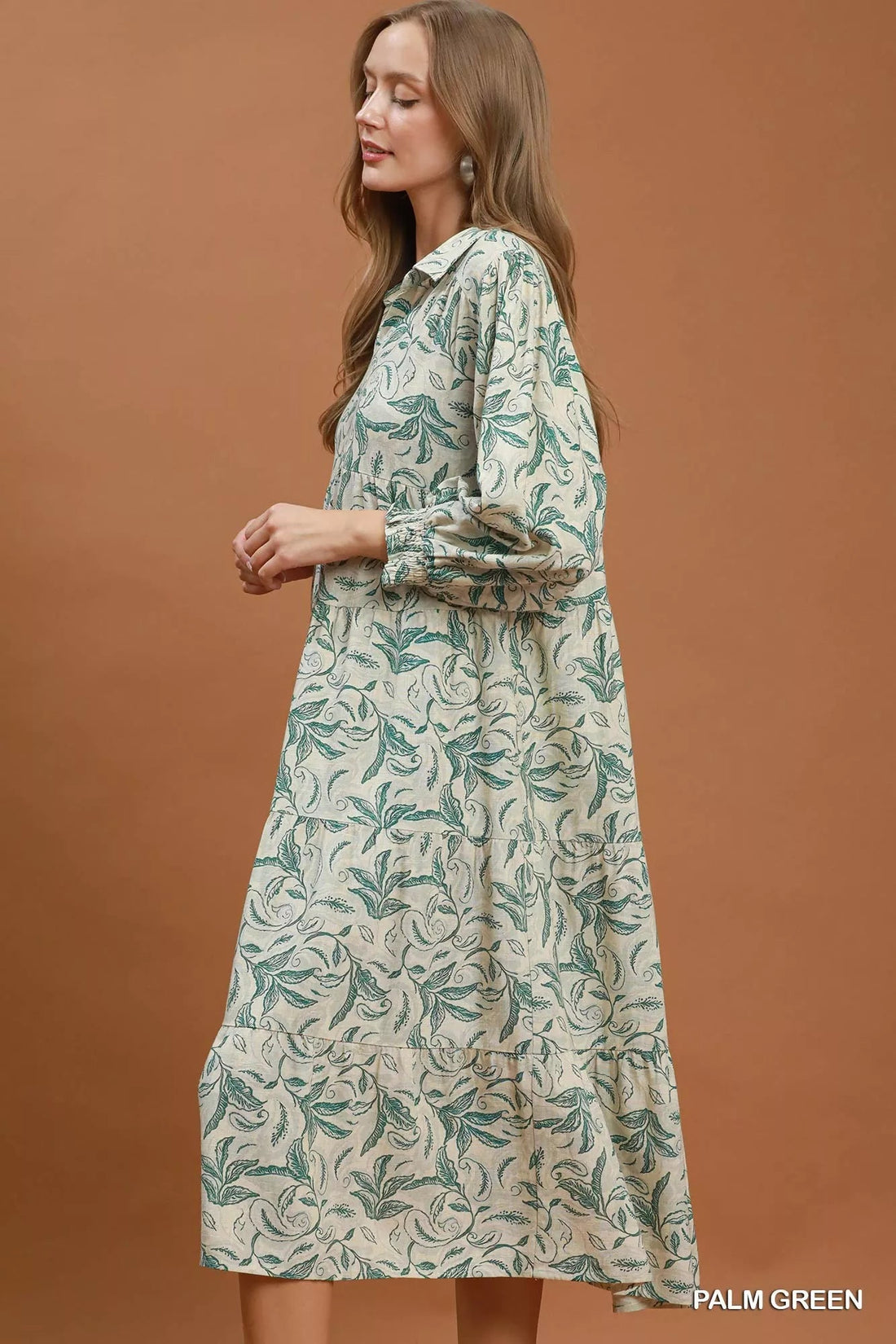 Umgee Linen Botanical Print Tiered Midi Dress - Desert Sunday