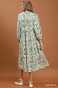 Umgee Linen Botanical Print Tiered Midi Dress - Desert Sunday