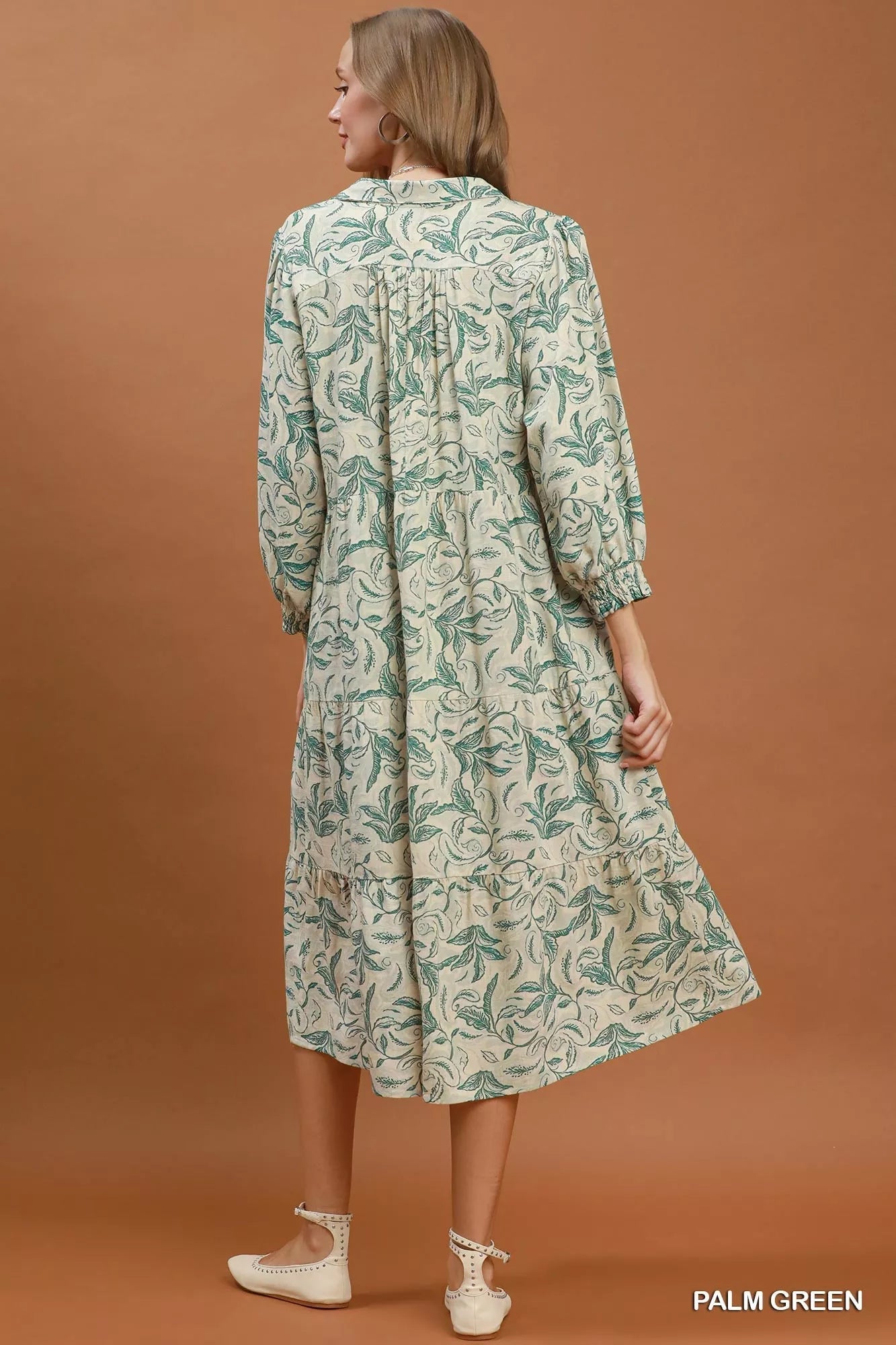 Umgee Linen Botanical Print Tiered Midi Dress - Desert Sunday
