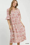 Umgee Linen Botanical Print Tiered Midi Dress - Desert Sunday