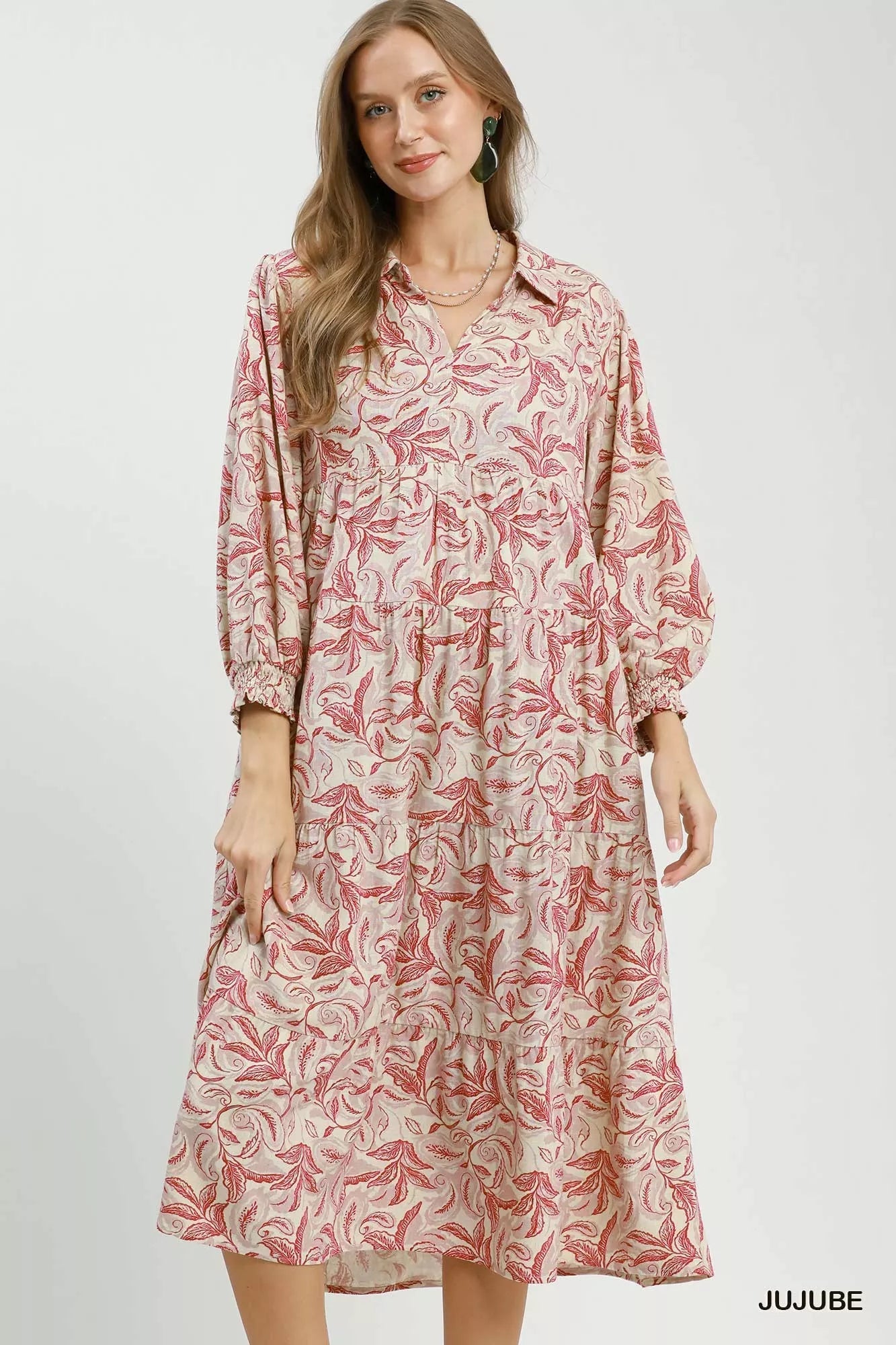 Umgee Linen Botanical Print Tiered Midi Dress - Desert Sunday