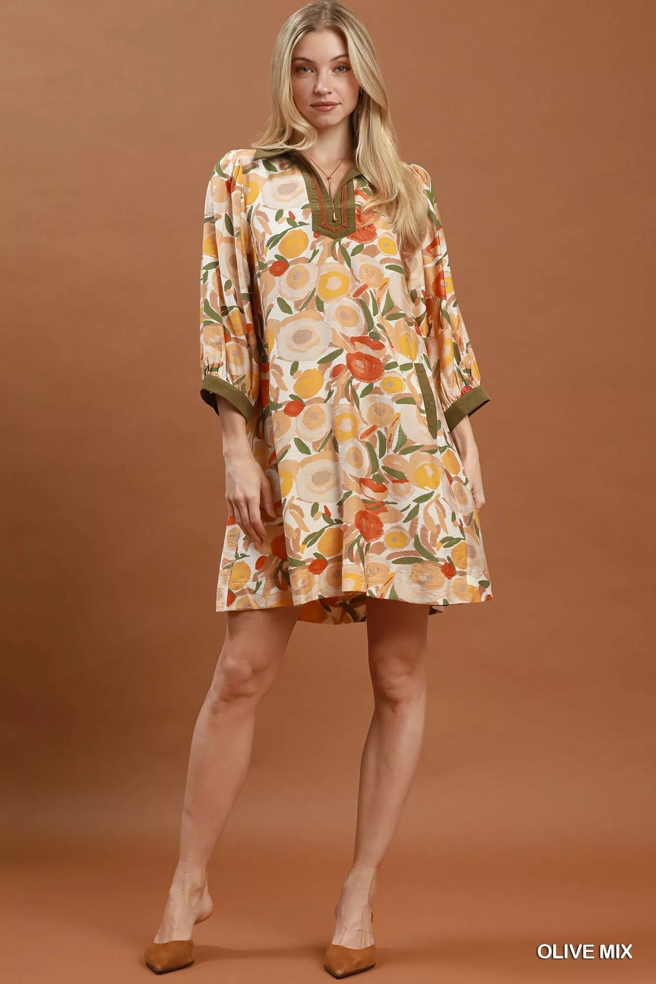 Umgee Mix Floral Contrast Trim Shift Mini Dress - Desert Sunday