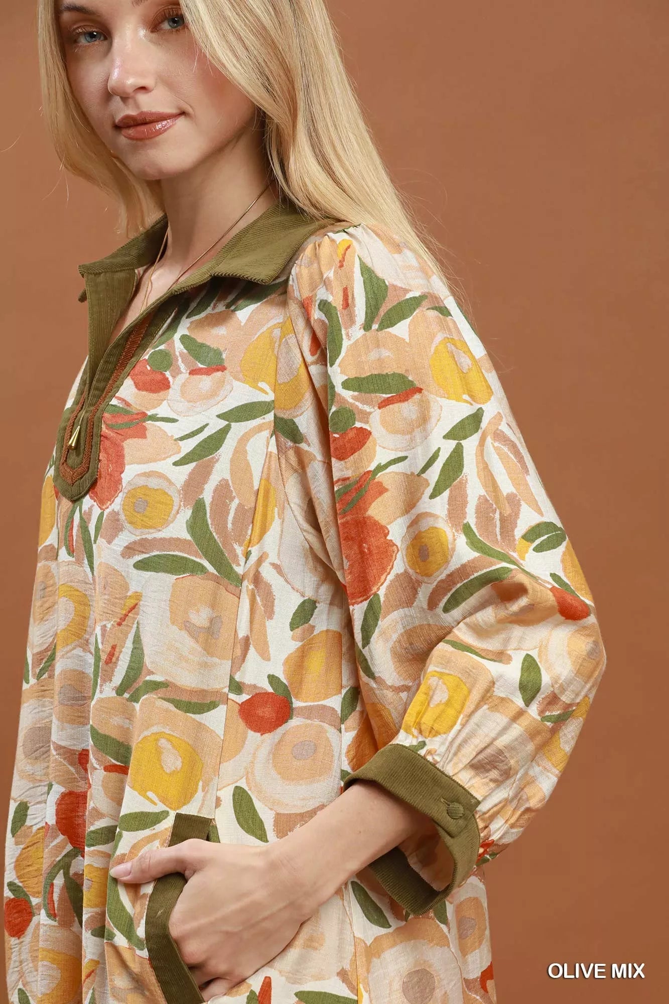 Umgee Mix Floral Contrast Trim Shift Mini Dress - Desert Sunday