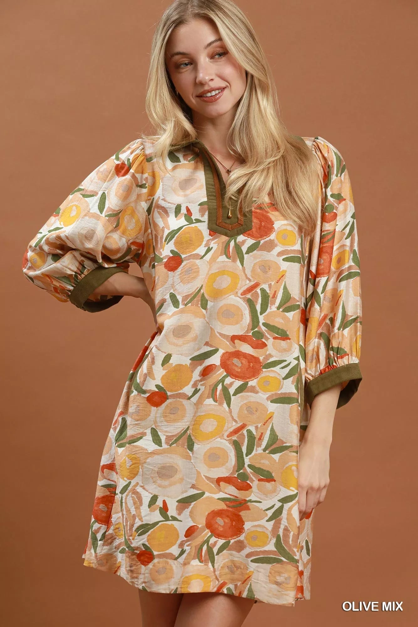 Umgee Mix Floral Contrast Trim Shift Mini Dress - Desert Sunday