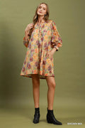 Umgee Mix Floral Print Smocked Cuff Mini Dress - Desert Sunday