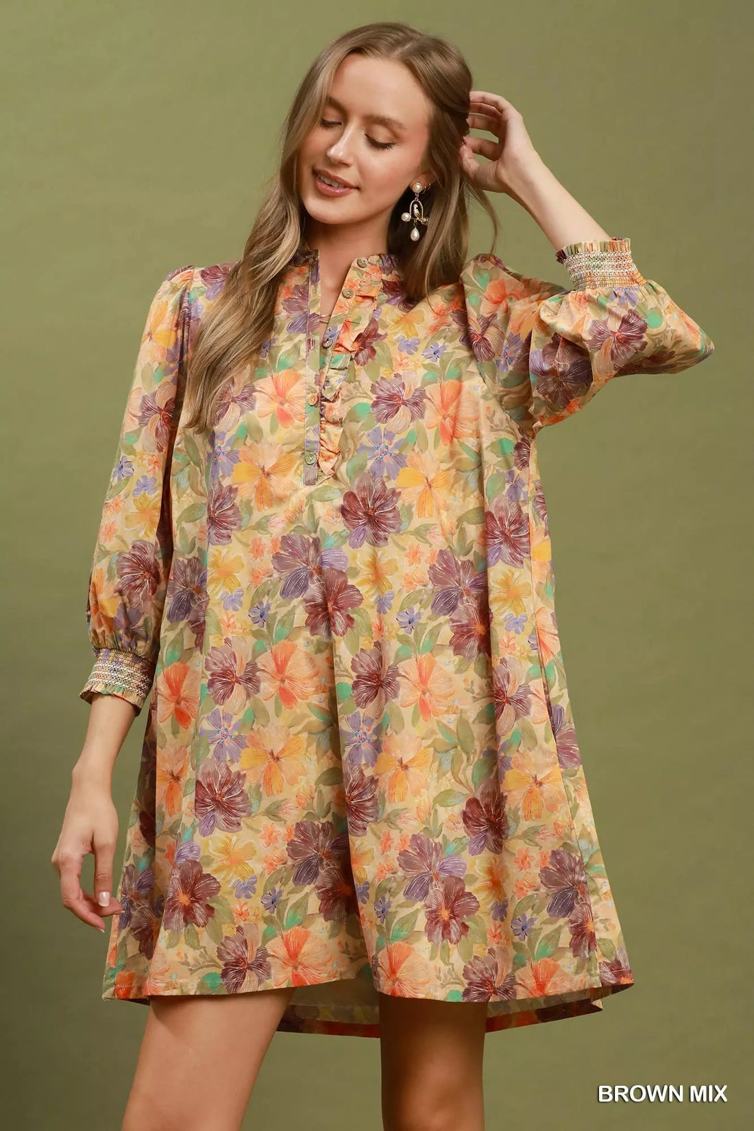 Umgee Mix Floral Print Smocked Cuff Mini Dress - Desert Sunday