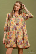 Umgee Mix Floral Print Smocked Cuff Mini Dress - Desert Sunday