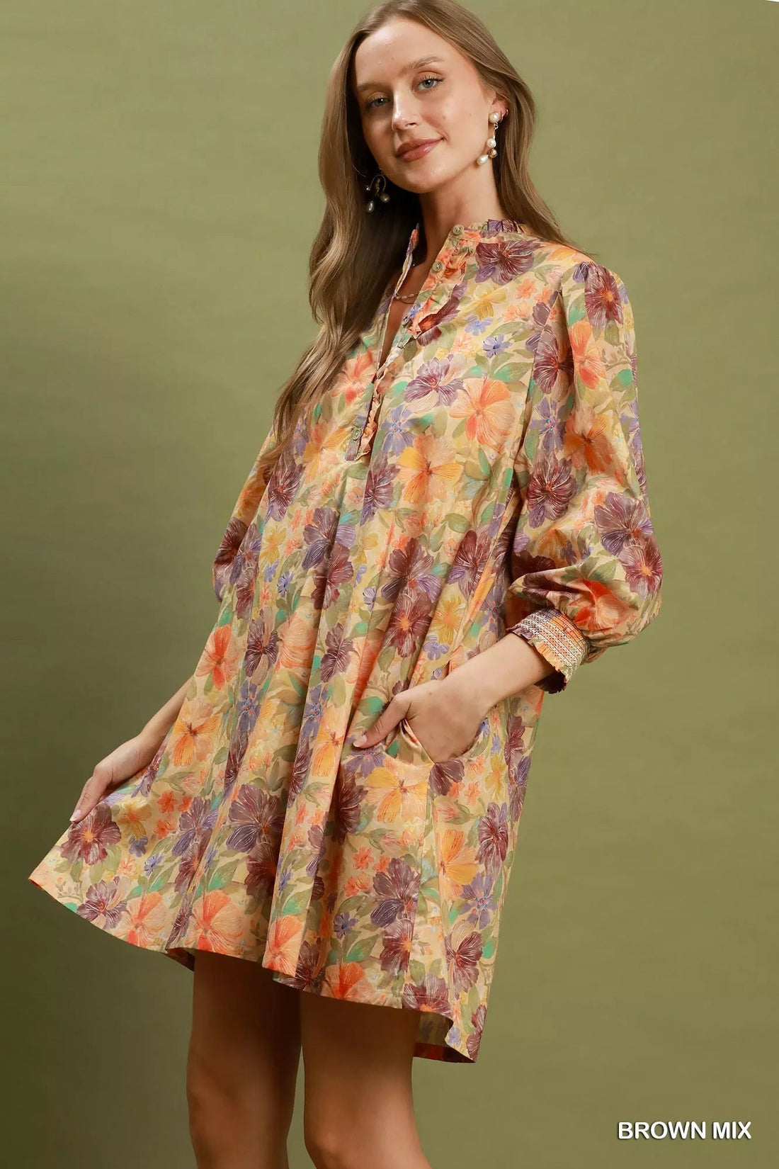 Umgee Mix Floral Print Smocked Cuff Mini Dress - Desert Sunday