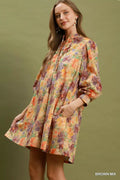 Umgee Mix Floral Print Smocked Cuff Mini Dress - Desert Sunday