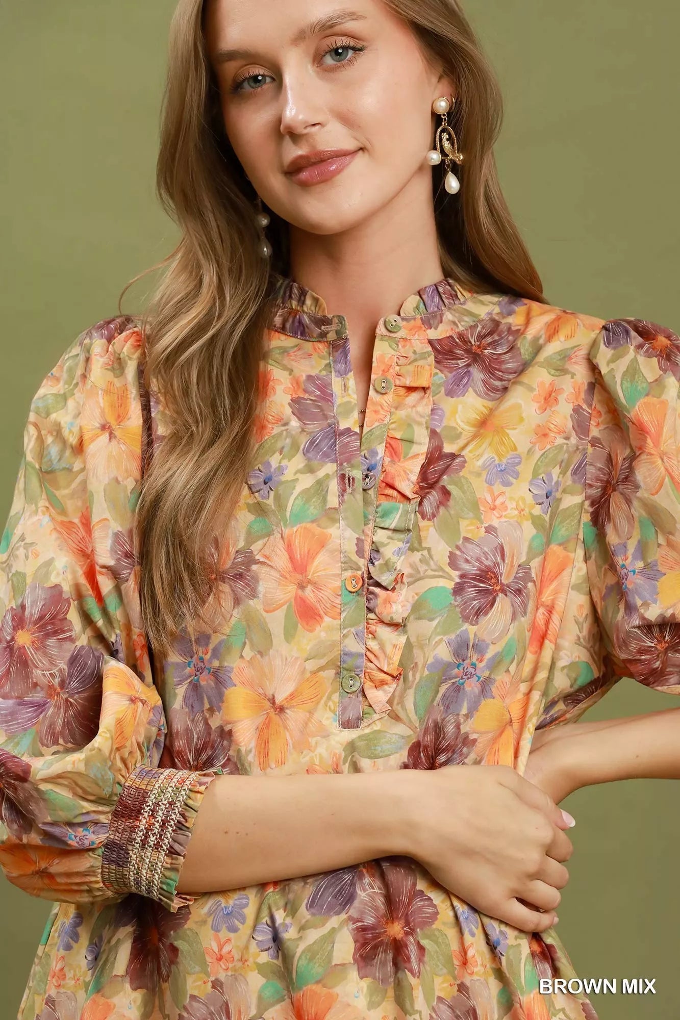 Umgee Mix Floral Print Smocked Cuff Mini Dress - Desert Sunday