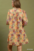 Umgee Mix Floral Print Smocked Cuff Mini Dress - Desert Sunday