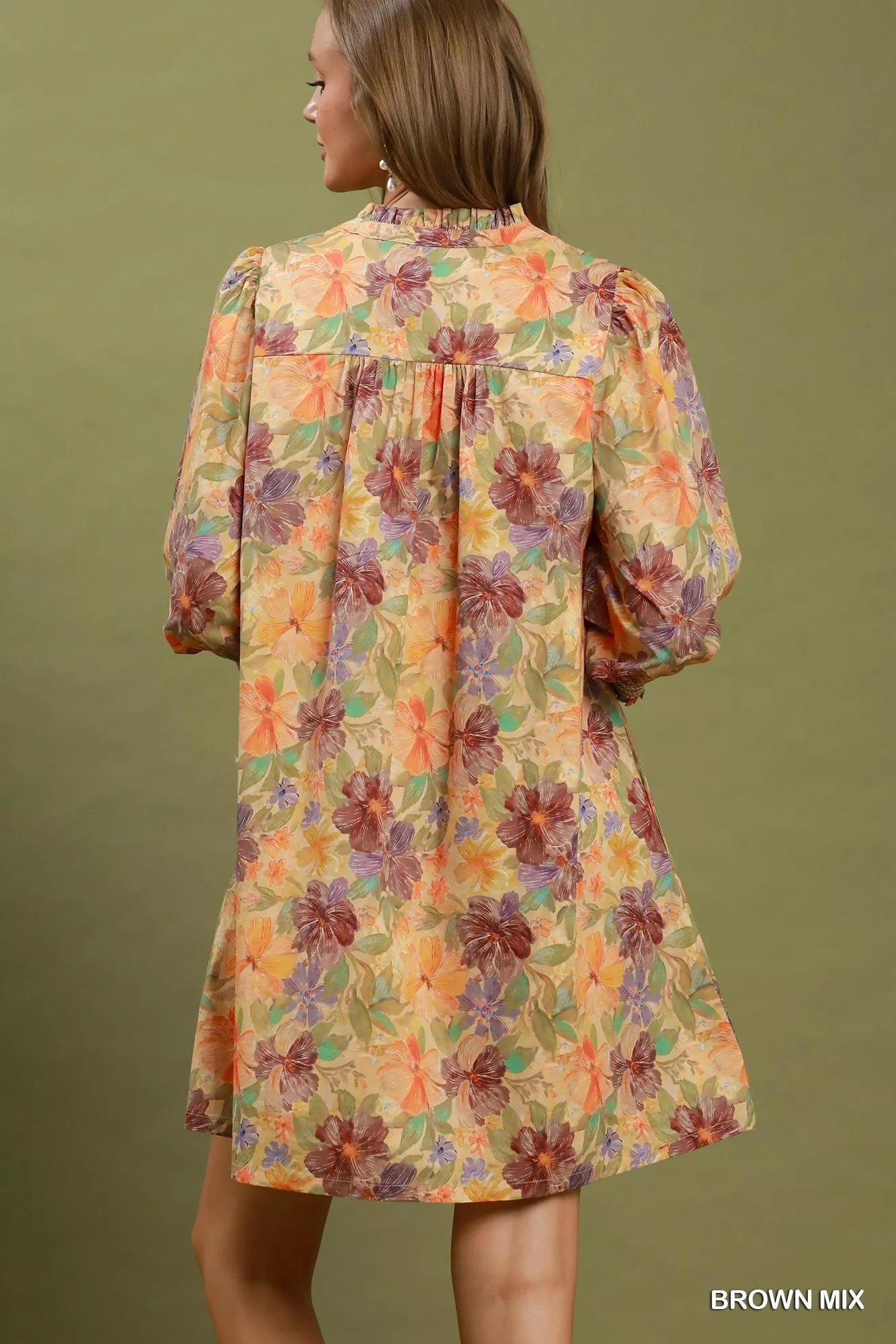 Umgee Mix Floral Print Smocked Cuff Mini Dress - Desert Sunday